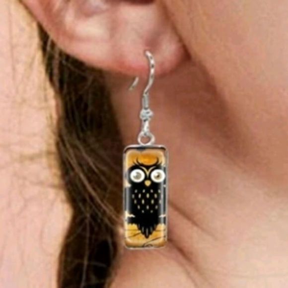 Owl Design Dangling Rectangular Hook Earrings - Picture 7 of 7
